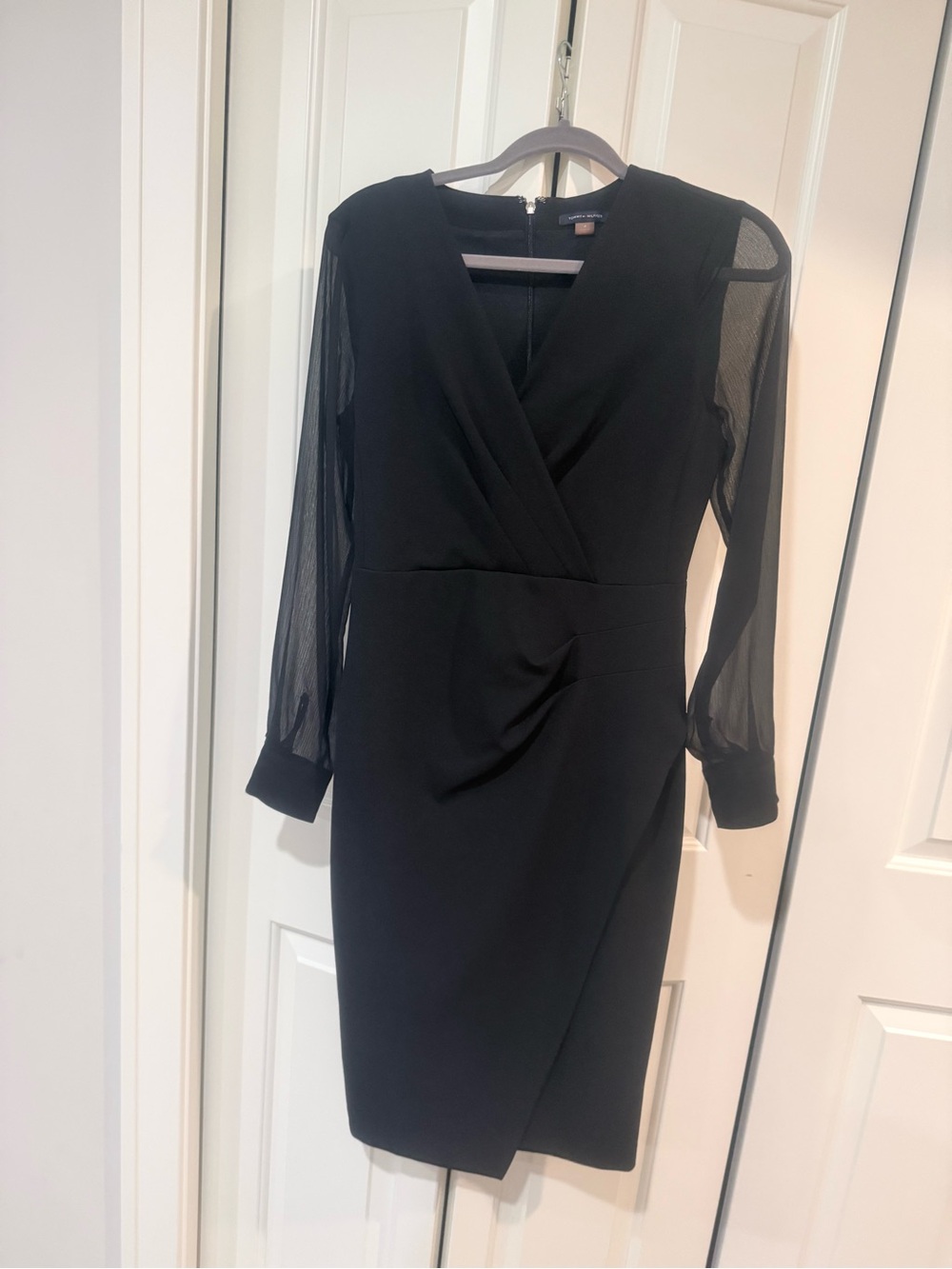 Tommy Hilfiger Black Long-Sleeve Sheer-Sleeve Wrap Dress